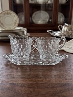 Vintage Fostoria American Clear Pressed Glass Creamer, Sugar Bowl & Tray